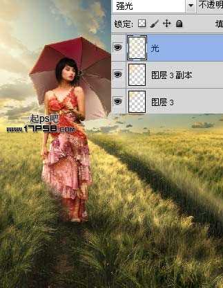 photoshop合成美女走在草原上的夏天场景