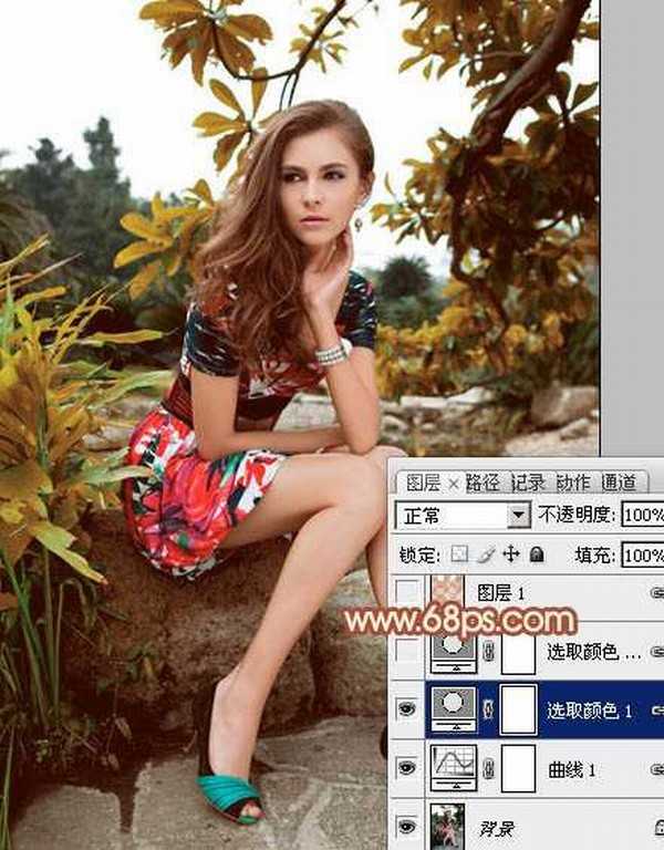 Photoshop将树林中的美女图片增加上秋季柔美的橙红色效果