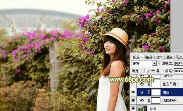 Photoshop将花草围墙边的美女图片调制柔和的韩系黄褐色