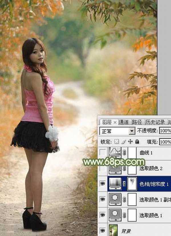 Photoshop将小树林中的美女调制出浓厚的橙绿色