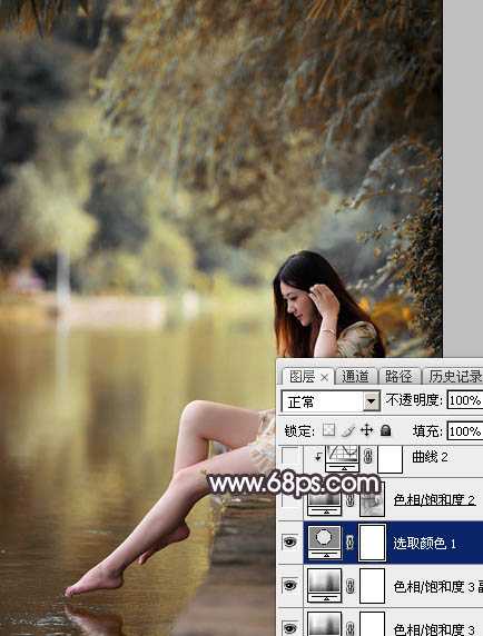 Photoshop将湖景人物图片打造出唯美的暗褐色秋季